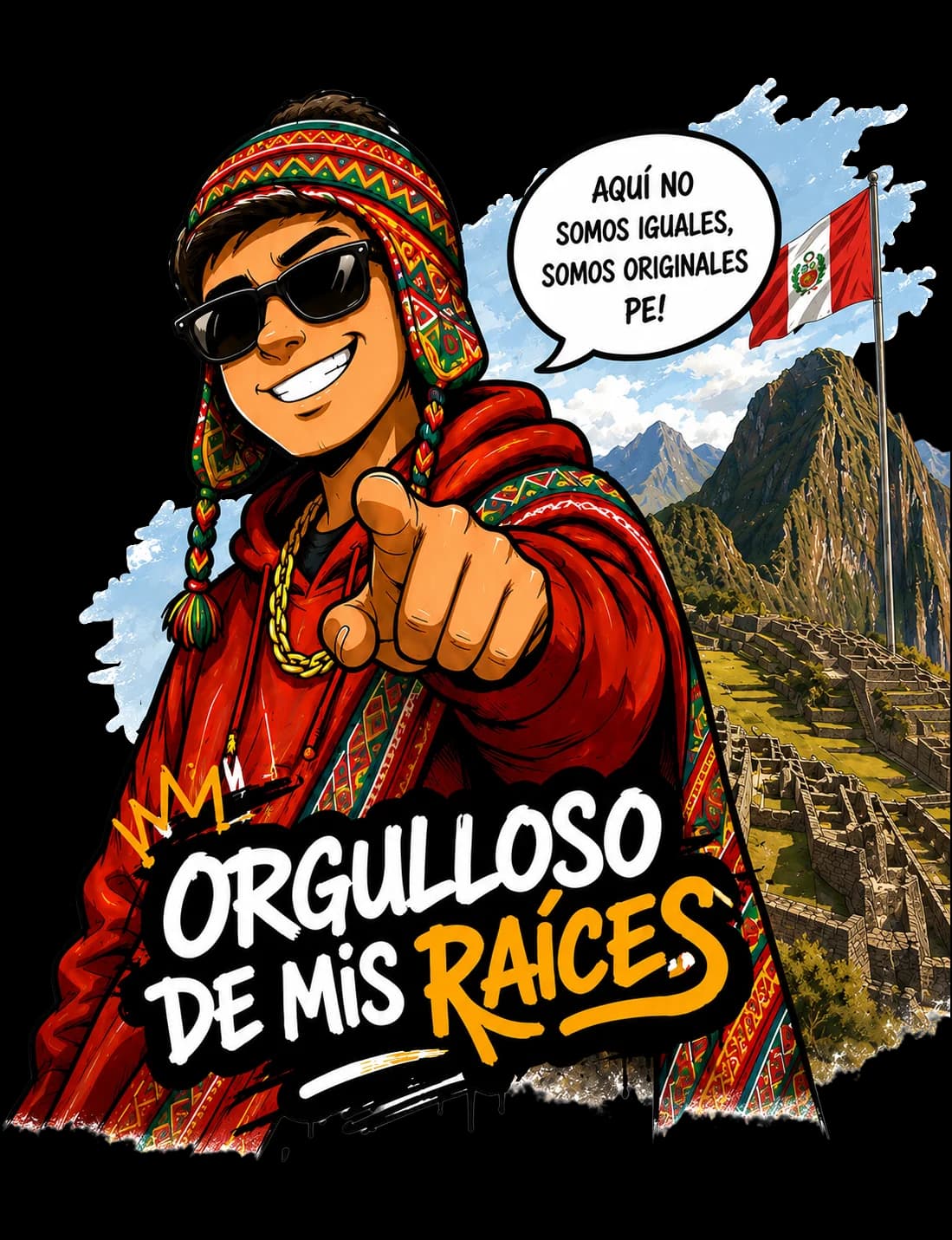 Personaje con chullo y poncho señalando al espectador con Machu Picchu de fondo