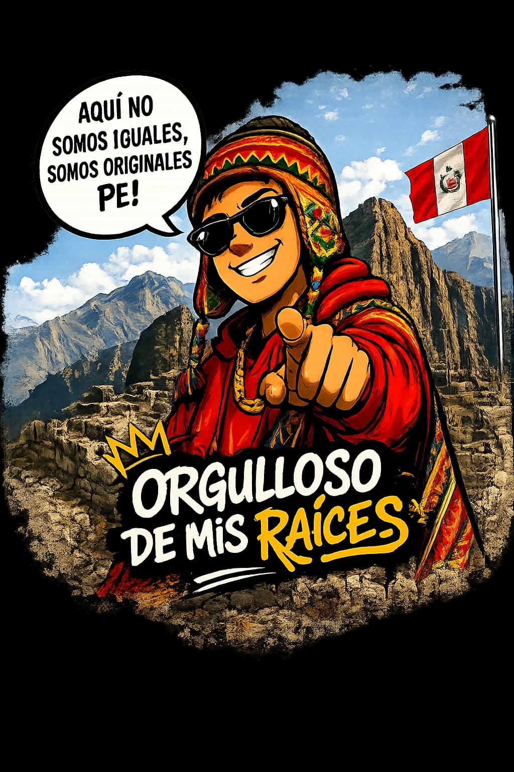 Personaje con chullo y poncho señalando al espectador con Machu Picchu de fondo